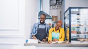 Business owners who are smiling because they can finally focus entirely on their business after enlisting the right San Juan Capistrano bookkeeping services.