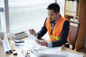 A construction business owner in an orange vest reviewing detailed project documentation and financial records to ensure accurate construction bookkeeping and contract compliance.